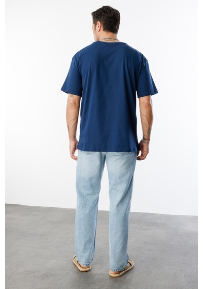 Genius Store Erkek Oversize Fit %100 Organik Pamuk Bisiklet Yaka Tişört Oversıze-erkek-t-shırt İndigo