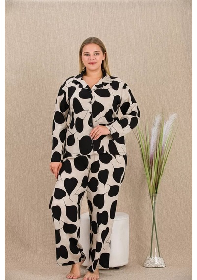 Naam Büyük Beden Siyah Beyaz Kalp Desenli Düğmeli Uzun Kol Viskon Pijama Takımı Çok Renkli