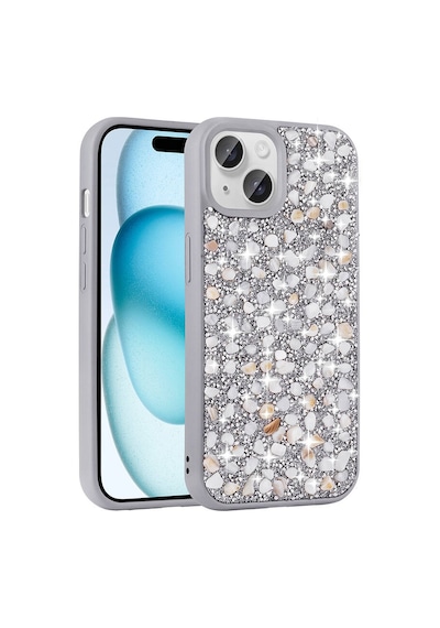 Zore Apple Uyumlu iPhone 15 Plus Kılıf Parlak Taşlı Tasarım Linea Kapak - Gümüş Gümüş