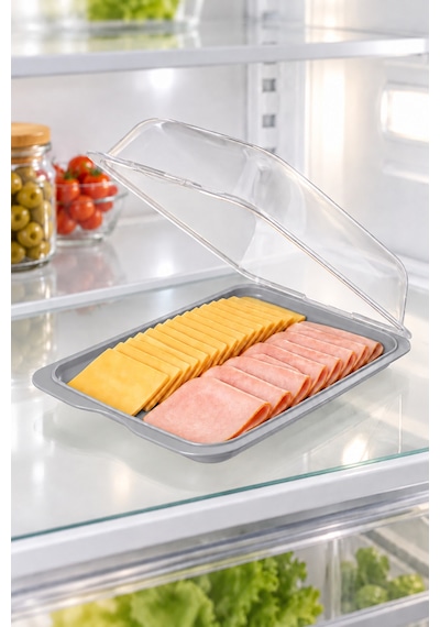 Gıda Saklama Kabı &şeffaf Kapaklı Derin Şarküteri Saklama Kabı, Buzdolabı Kahvaltılık Peynir Salam Kabı, 63 X 250 X 170 Mm Bpa Free Gri - 934760994 Gri