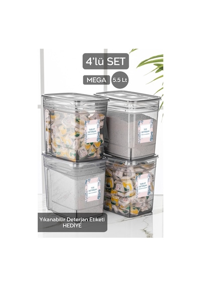 Meleni Home 4'lü Set - 5,5 Litre Jumbo Lena Toz Tablet Deterjan Saklama Kabı - Etiketli Kapaklı Saklama Kutusu