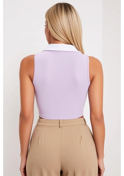 Benerly Kadın Bluz Spor Crop Polo Yaka Kolsuz Dalgıç Scuba Örme Kumaş Reg Lila
