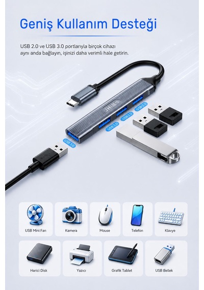 Type-c 4 Port Usb Hub Çoklayıcı, 1 Usb 3.0 Ve 3 Usb 2.0 Girişli Otg Adaptör, Klavye Mouse Usb Bellek Harici Disk Uyumlu, Alüminyum Gövde, Mac Windows Linux N613