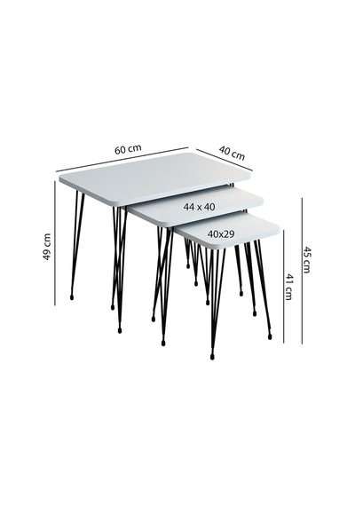 3'lü Zigon Sehpa Dikdörtgen Model Zigon Sehpa Metal Tel Ayak Beyaz