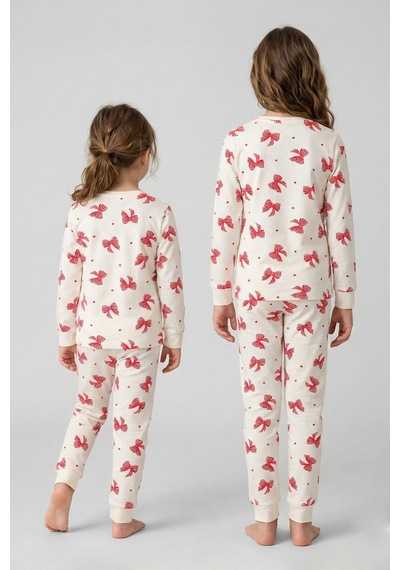 Ekru Renk Kırmızı Fiyonk Baskılı Kız Çocuk Pijama Takımı Ekru