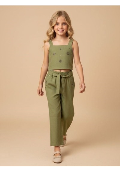 Zekids Kız Çocuk Taş Detaylı Crop-17156 Yeşil