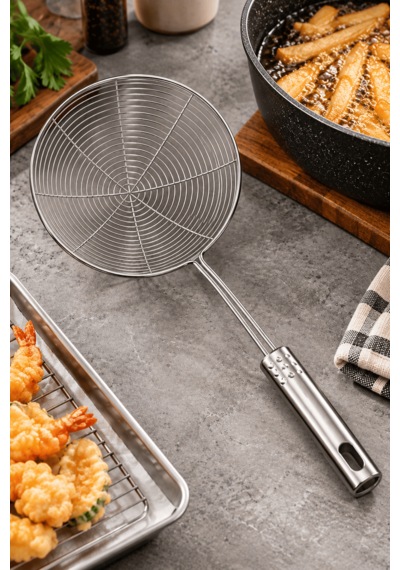 Paslanmaz Çelik Kevgir 16 Cm Mini Tel Süzgeç Kızartma Ve Yağ Süzme Kaşığı Ergonomik Saplı Metal
