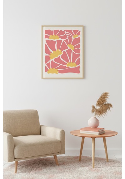 Doğal Ahşap Çerçeveli Retro Tablo - Pembe Tonlarda Soyut Çiçek Desenli Huhu2650