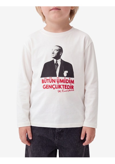 Koton Atatürk Baskılı Pamuklu Bisiklet Yaka Uzun Kollu Tişört Ekru 7wmb10179tk