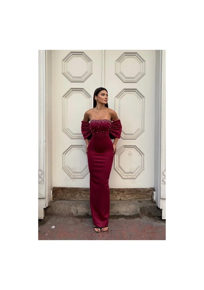 DefyModa Kadın Esnek Tül Kumaş Straplez Abiye Elbise Bordo