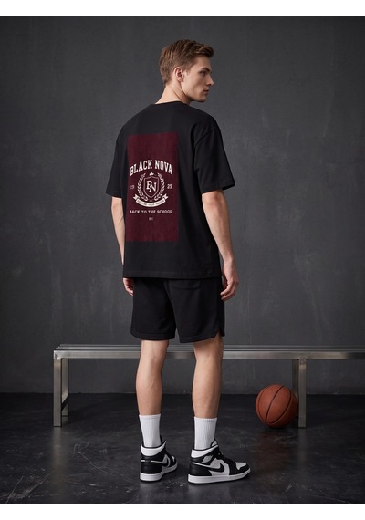 Black Nova Oversize Baskılı Unisex Tişört Crest Club Black Siyah