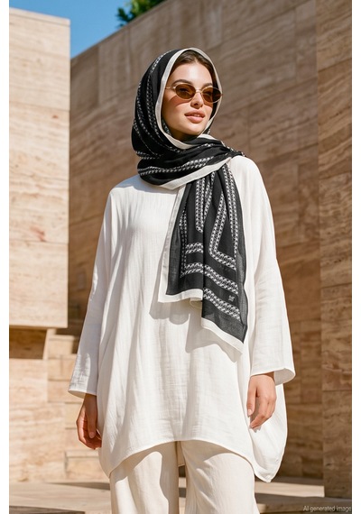 Remsa Kadın Zincir Çerçeve Desenli 80x180 Cm İthal Şal 3002 Siyah