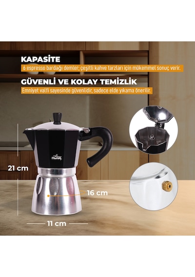 Any Morning Hes-6 Espresso Kahve Makinesi Alüminyum Moka Pot 240 Ml Siyah