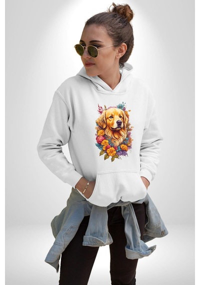 Golden Çiçekli Baby Face Kadın Erkek Beyaz Kapüşonlu Sweatshirt Hoodie Beyaz
