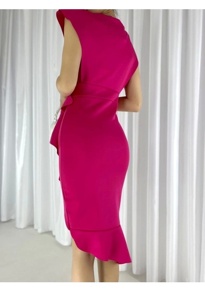 Defymoda Scuba Kumaş Önü Fırfırlı Midi Boy Elbise Pembe