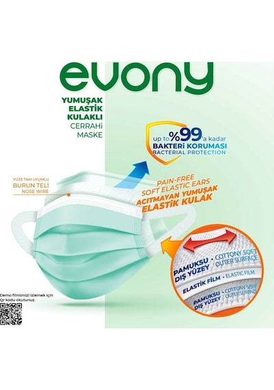 Evony Elastik Kulaklı 3 Katlı Cerrahi Maske 1000 Adet