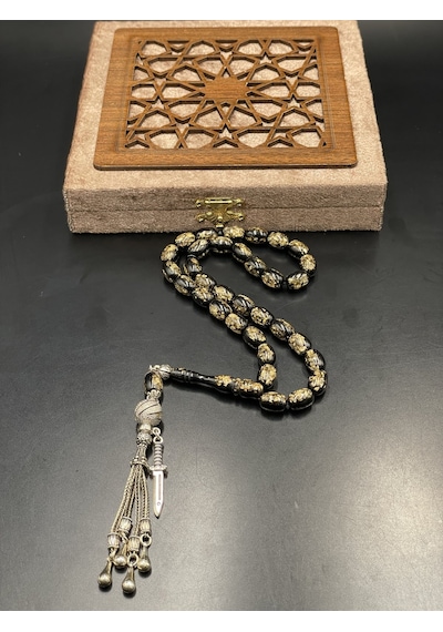 Onurlu Tesbihane Golden Rozalin Uçak Camı Tesbih Siyah 8x12 Mm Erkek Tesbihi Gümüş