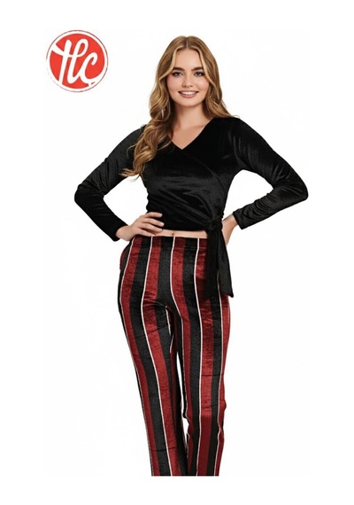 Gd Goldoremi 89-519 Kadın Kadife Yandan Bağlamalı Çizgili Uzun Kollu Pijama Takım Bordo