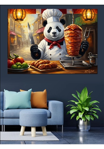 Döner Hazırlayan Aşçı Panda Tablosu Dekoratif Kanvas - Mdf Ahşap Tablo