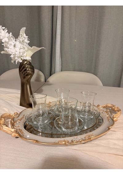 Oval Aynalı Kulplu Dekoratif Tepsi Vizon & Altın Varaklı 48x29 Cm