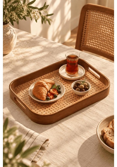 Atbyhome Akasya Çerçeveli Hazeran Dikdörtgen Tepsi 40x28 Cm - Kulplu Bohem Çay Kahve Sunum Tepsisi