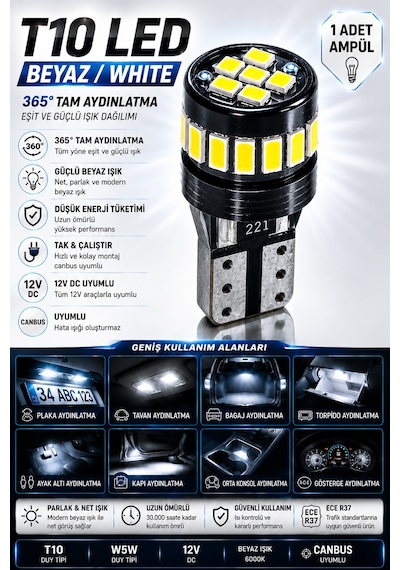 T10 W5w Beyaz Led Ampul Canbus Hatasız 360 Ultra Parlak Park Plaka İç Aydınlatma 1 Adet
