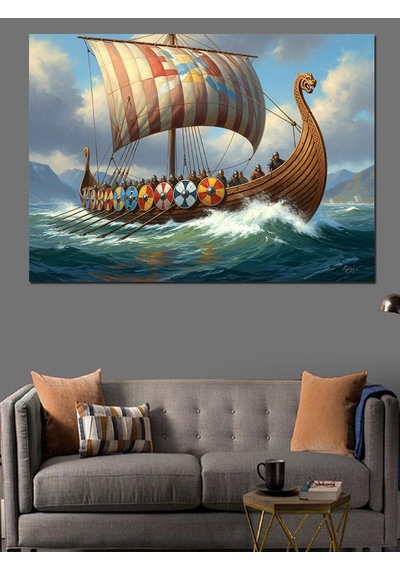 Ahşap Tablo Denizde Yol Alan Viking Gemisi