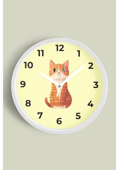 Sevimli Kedi Çocuk Odası Duvar Saati - 30cm - Önü Camlı Beyaz Kasa - Sessiz Mekanizma Beyaz