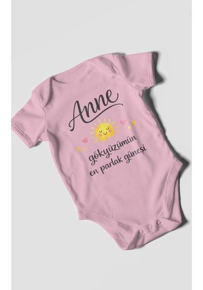 Morivokids Anne, Gökyüzümün En Parlak Güneşi Kısa Kollu Bebek Body Koyu Pembe
