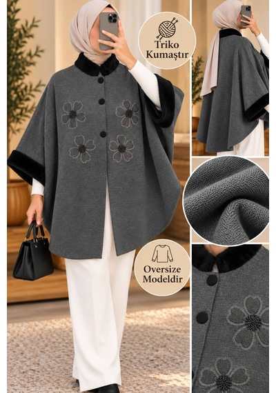 Genel Markalar Novea Scarf Çiçek Desenli Kürklü Triko Panço Gri - 936038134 Gri