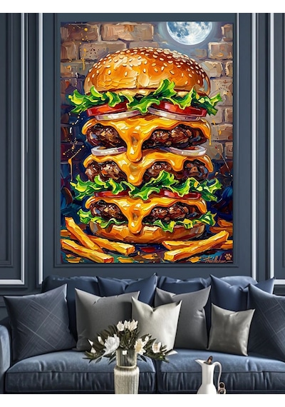 Ay Işığı Altında Devasa Katlı Hamburger Dekoratif Kanvas - Mdf Ahşap Tablo