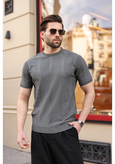 Antrasit Bisiklet Yaka Slim Fit Triko Erkek Tişört E7466