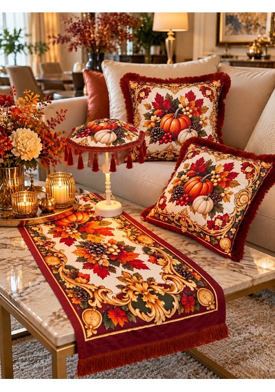 Missidea Autumn Luxury Desenli Dekoratif Masa Üstü Lambası Bali Şemsiyesi Seti Şemsiye + Runner + 2 Li Kırlent Kılıfı Çok Renkli