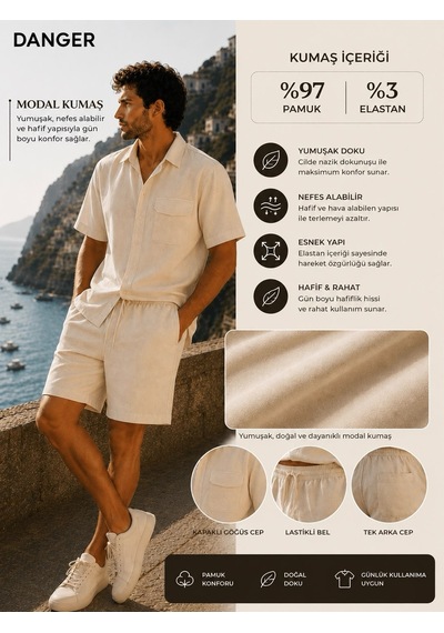Erkek Premium Kumaş Modal Şort Slim Fit Takım Bej 2018dngr
