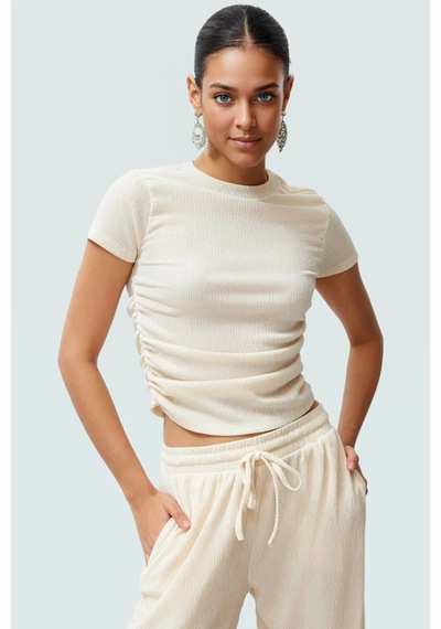 Ersefa Polyester Karışımlı Bluz Crop Boy Fitted Kalıp Kısa Kol Seçkin Ma Taş