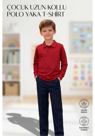 Erdem Kıds Unisex Kız Erkek Çocuk Polo Yaka Pamuklu Uzun Kol Kırmızı Günlük Basic Okul Tişört Kırmızı Kırmızı