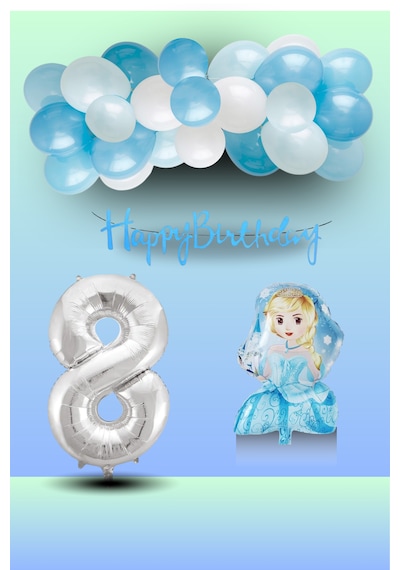8 Yaş Frozen Tema Prenses Folyo Balon Mavi Beyaz Balon Gümüş Rakam Mavi Banner Doğum Günü Seti Çok Renkli