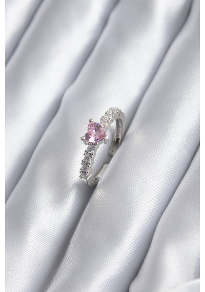 Gümüş Renk Zirkon Taşlı Pembe Kristal Model Kadın Yüzük