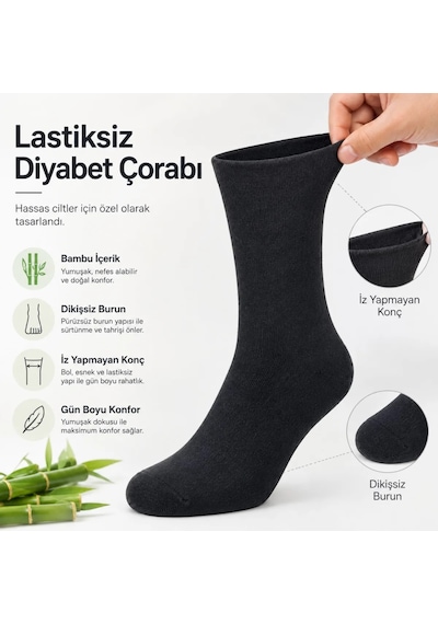 Genel Bambu Diyabet Çorabı 3'lü Lastiksiz Dikişsiz Burun Siyah Uzun Konç Hassas A Siyah / 39-44 / 3 Adet