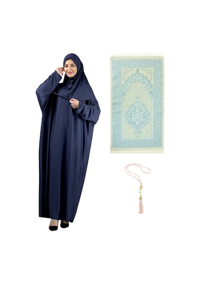 Modish Group Namaz Elbisesi Eşarp Seccade Tesbih Set, İslami Giyim Takım Ferace Turban Şal Lacivert