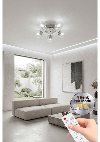 LumiaLighting Küre Model Gümüş 5"li Kumandalı Ledli 3 Renk Modu Kristal Salon Mutfak Yatak Çocuk Odası Avize