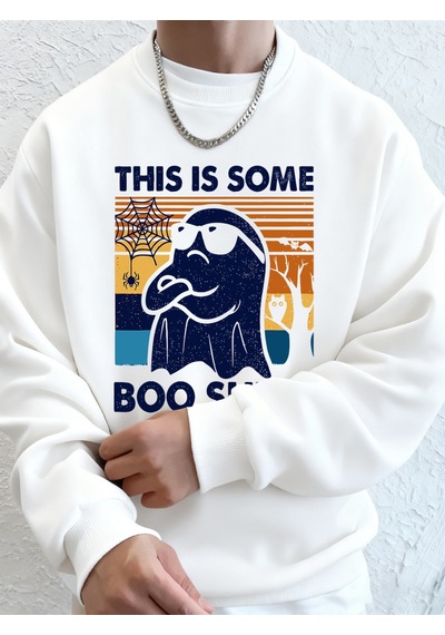 Startmore Startmorebu Biraz Şaka Yapılı Baskılı Erkek Sweatshirt Kışlık Yuvarlak Yaka Kapüşonlu Sweatshirt Sokak Beyaz
