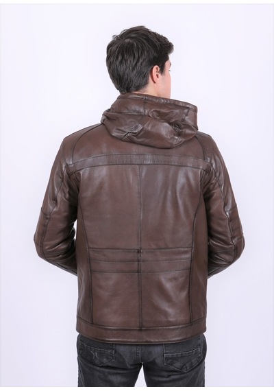 New Zaya Leather Erkek Kahverengi Kapüşonlu Deri Mont Kahverengi