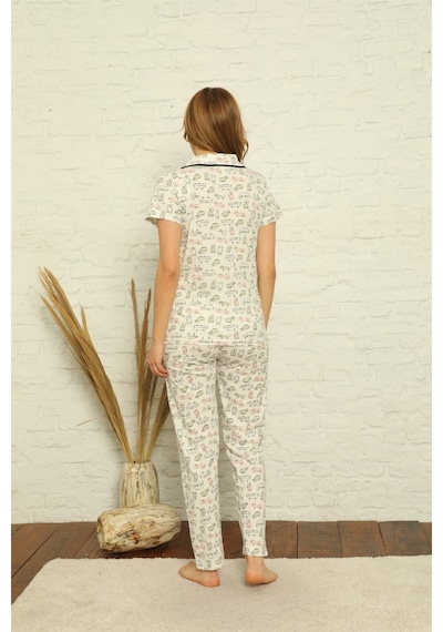 Akbeniz Kadın %100 Pamuk Önden Düğmeli Kısa Kol Pijama Takım 2842 - XL Ekru