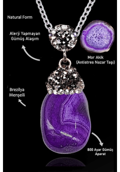Erilsa Sertifikalı Zirkon Taşlı Model Ham Mor Akik Taşı Kolye Çok Renkli