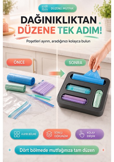 4 Bölmeli Poşet Organizeri Çöp Torbası Ve Kilitli Poşet Düzenleyici Plastik Saklama Kutusu Düzen Ant
