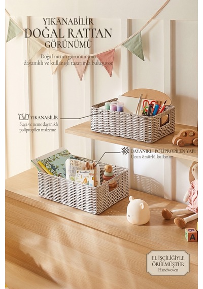 Ocean Home Textile 2'li Çocuk Odası Yıkanabilir Gri Pp Rattan Sepet Set 33 X 23 X 11 / 39 X 29 X 13 Cm
