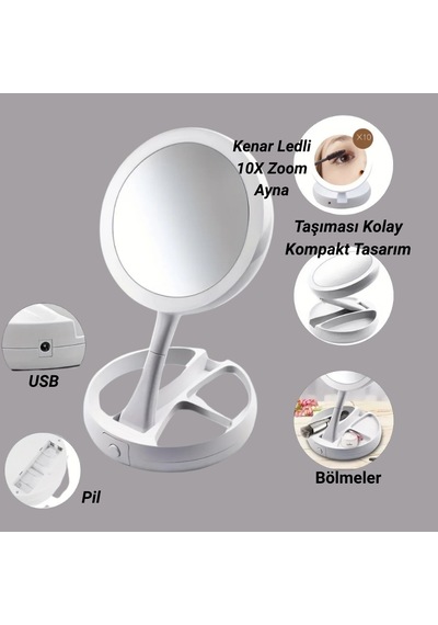 Led Işıklı 10x Katlanabilir Çift Taraflı Makyaj Aynası