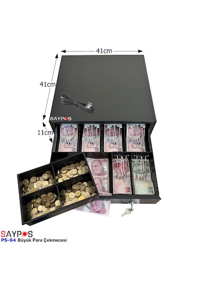 6 Kağıt Para Gözlü Ingenico Yazarkasa Pos Uyumlu Anahtardan Açılır Büyük Para Çekmecesi 41x41x11cm