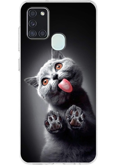 Samsung Galaxy A21s İle Uyumlu 1mm Slim Fit Kedi 2 050c Baskılı Şeffaf Kılıf Şeffaf